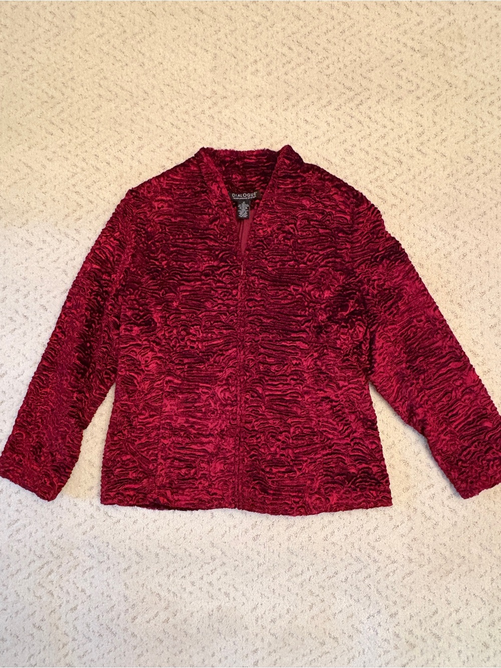 Dialogue Textured Velvet Velour Zip Up Jacket Size 12 Medium Dark Burgundy Wine